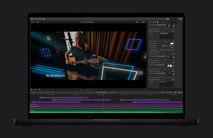 16 英寸 MacBook Pro 屏幕显示 Final Cut Pro 时间线，展示一段经过裁剪的视频片段，画面背景为带有窗帘的录音室。