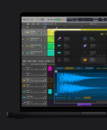 16 英寸 MacBook Pro 屏幕展示 Logic Pro 的节拍制作工具界面。
