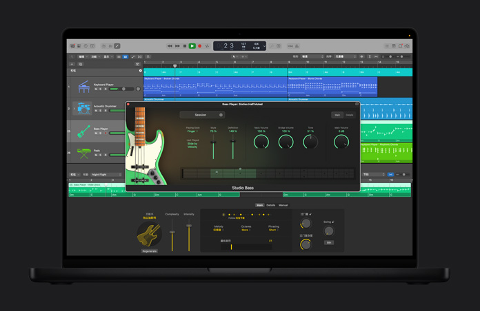 16 英寸 MacBook Pro 屏幕显示 Logic Pro 界面，展示 AI 伴奏乐手，名为“Bass Player: Sixties Half Muted”的窗口呈打开状态，其中显示有不同音量电平。