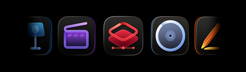 Apple Creator Studio 系列 app 图标，包括 Final Cut Pro、Pixelmator Pro、Logic Pro、Pages 文稿、Compressor、MainStage、Numbers 表格、Motion、无边记和 Keynote 讲演。