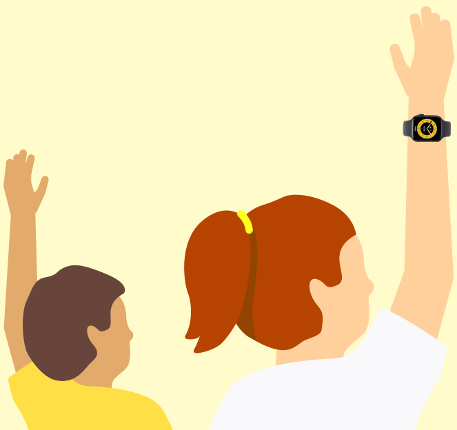 插图显示孩子们在上课时举手，其中一个戴着 Apple Watch SE 3