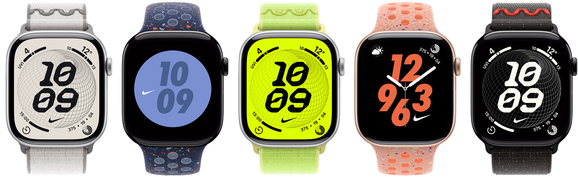 多只 Apple Watch 设备，展示不同的 Nike 表带和 Nike 表盘。