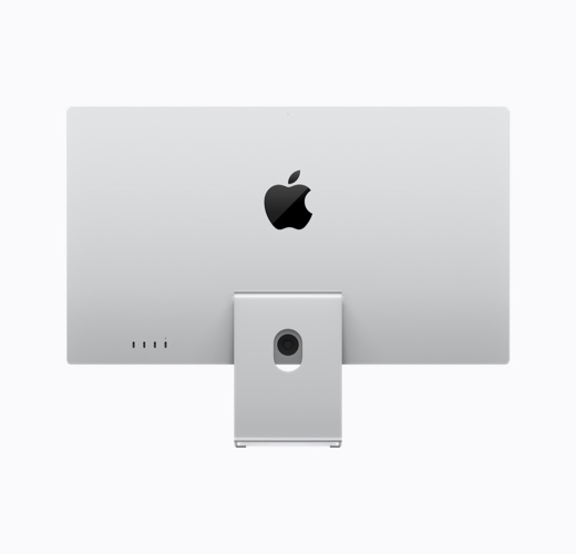 配备可调倾斜度的支架的银色 Apple Studio Display，展示背面外观和位于机身中央的深色亮面 Apple 标志。