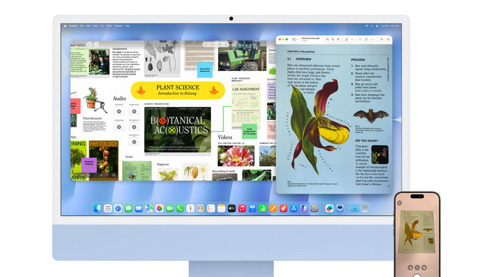 iMac 和 iPhone 显示生动的内容，iMac 使用 macOS Tahoe 墙纸。