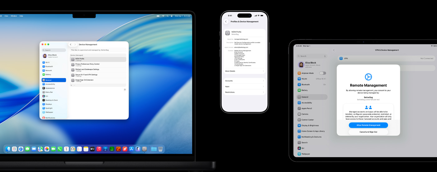 画面展示三部 Apple 设备：左侧的 Mac 电脑上显示“设备管理”窗口。中间的 iPhone 屏幕显示移动设备管理 (MDM) 描述文件设置。右侧的 iPad 屏幕展示“远程管理”界面。