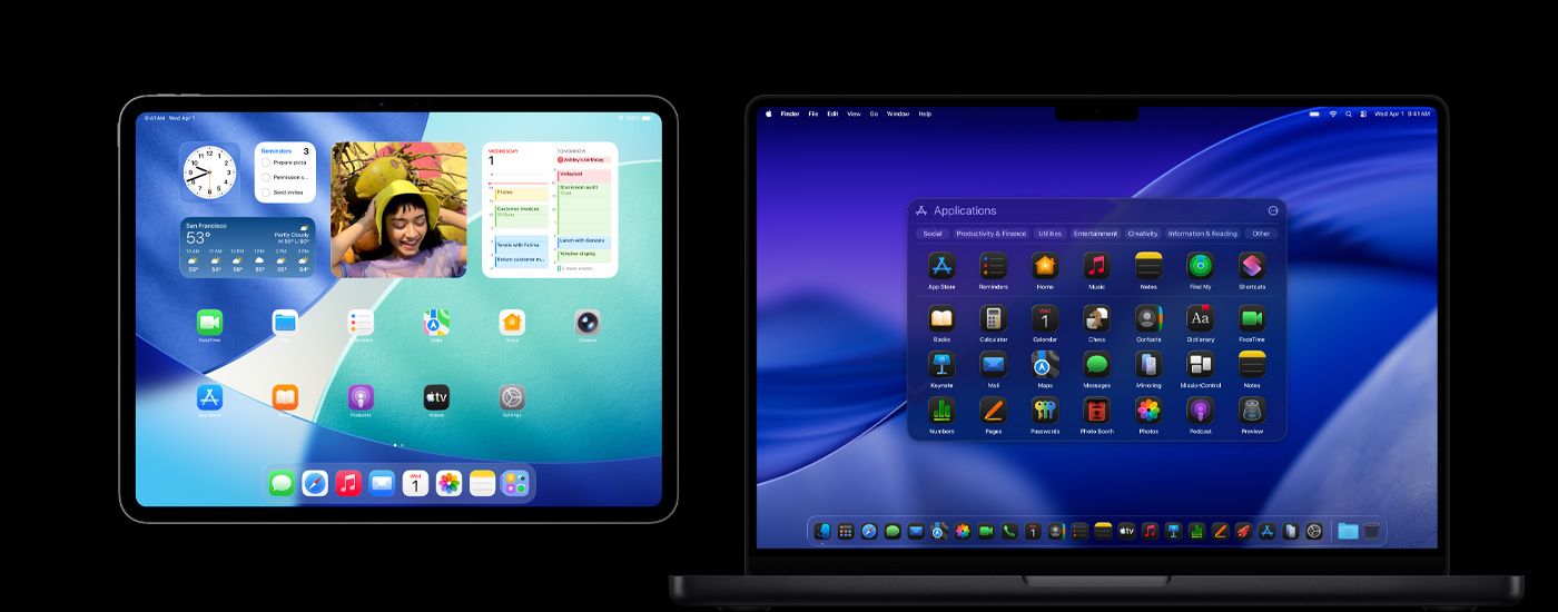 一部 iPad 和一台 Mac 显示多款 app 图标。iPad 显示若干小组件，包括日历、天气和照片。Mac 的背景是 macOS Tahoe。