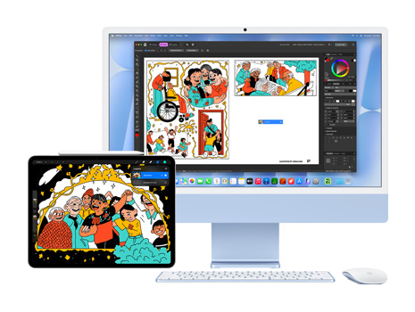 一部 iPad 和一台运行 macOS Tahoe 的 iMac 台式电脑上显示了一幅充满张力的趣味插画。在 iMac 上，这幅插画呈现于一个创意设计的应用程序里。