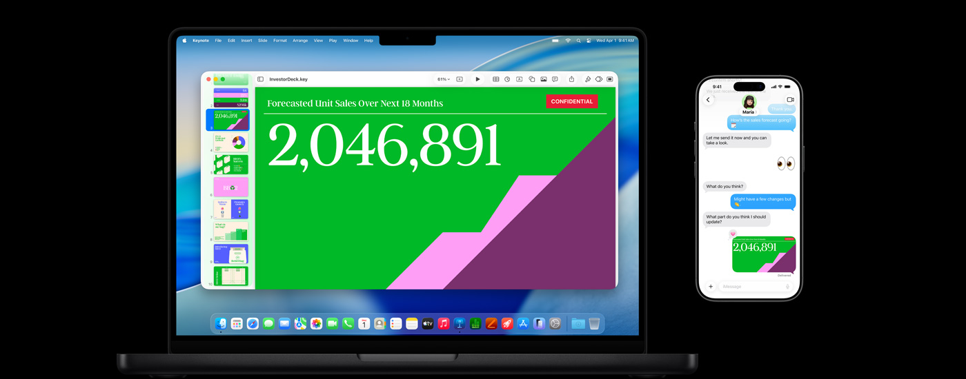 Mac 上展示一个演示文稿和 macOS Tahoe 墙纸。一部 iPhone 置于 Mac 前面，其上的文本消息与 Mac 上的演示文稿内容相同。
