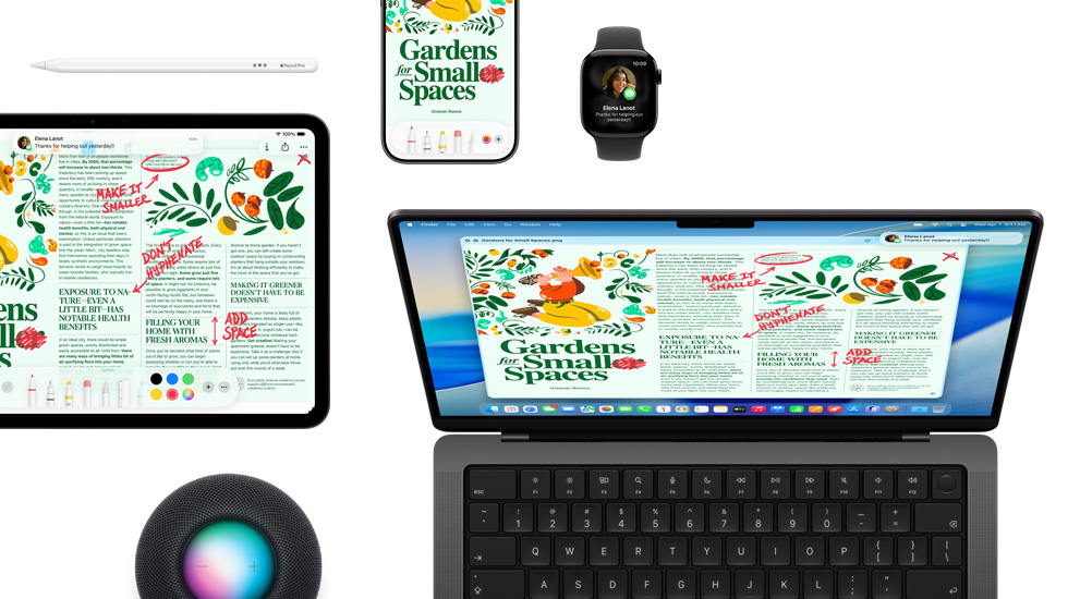 画面展示一系列设备，包括 iPad、iPhone、Apple Watch 和运行 macOS Tahoe 的 Mac，均显示同一个杂志版面设计。