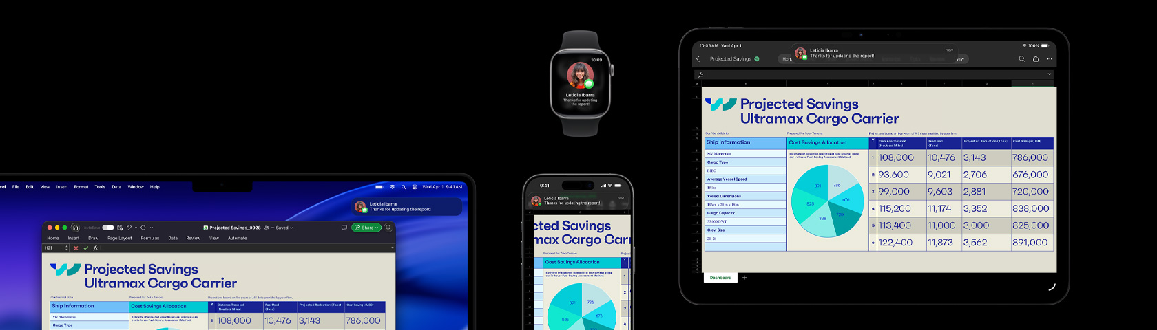 画面展示一系列设备，包括 iPhone、iPad、Apple Watch 和 Mac 上显示一个电子表格和一条文本消息，Mac 的背景是 macOS Tahoe。