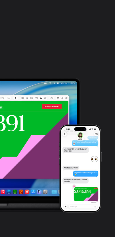 Mac 上展示一个演示文稿和 macOS Tahoe 墙纸。一部 iPhone 置于 Mac 前面，其上的文本消息与 Mac 上的演示文稿内容相同。