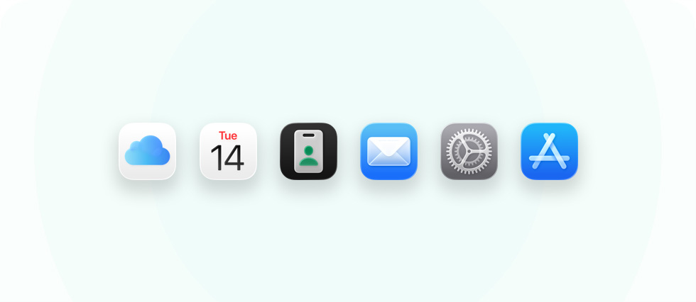 一系列商务相关的 app 和工具，包括 iCloud、日历、Apple 商务、邮件、设置和 Apple Store。