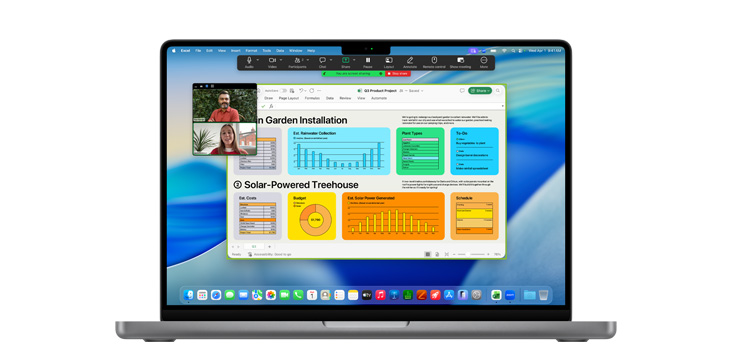 14 英寸 MacBook Pro 的屏幕上显示多个打开的 app 窗口。