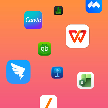 彩色背景之上有多款生产力 app 的图标，包括钉钉、Canva、腾讯会议、Quickbooks、Keynote 讲演、Excel、Flipos 和 Numbers 表格。