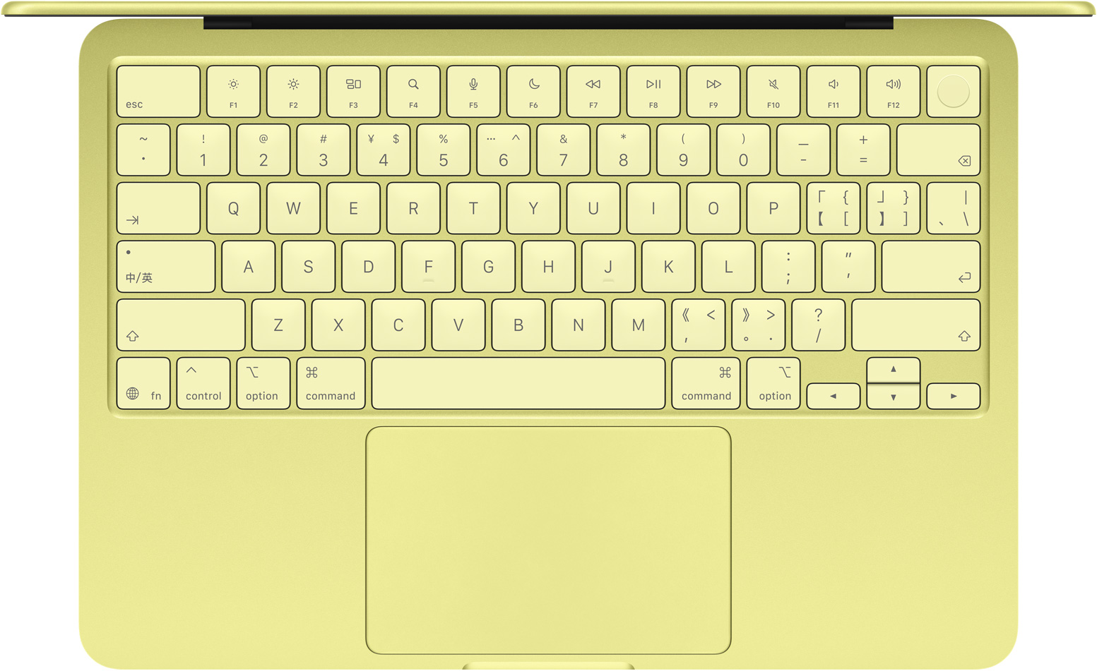 柑橘黄色 MacBook Neo 的俯视图，展示键盘、整排全尺寸功能键、触控 ID 按钮和触控板。