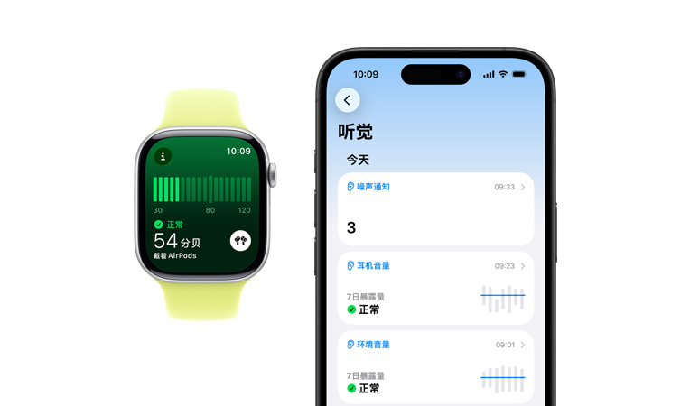 Apple Watch Series 11,展示银色铝金属表壳、噪声 app、霓虹黄色运动型表带,配对的 iPhone 上显示听觉部分今天的摘要详情。