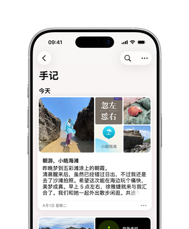 iPhone 上的手记 app 显示今天记录的手记,内容是沙滩游玩的图片和一段关于美梦成真的文字。