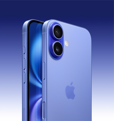 群青色 iPhone 16，正面展示局部显示屏，斜侧面展示操作按钮、音量调节按钮和侧边按钮，背面展示机身左上角的先进双摄系统。