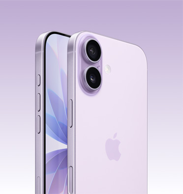 薰衣草紫色 iPhone 17，正面展示局部显示屏，斜侧面展示操作按钮、音量调节按钮和侧边按钮，背面展示机身左上角的融合式双摄系统。