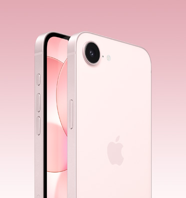 浅粉色 iPhone 17e，正面展示局部屏幕，斜侧面展示操作按钮、音量调节按钮和侧边按钮，背面展示 Apple 标志和单摄像头。