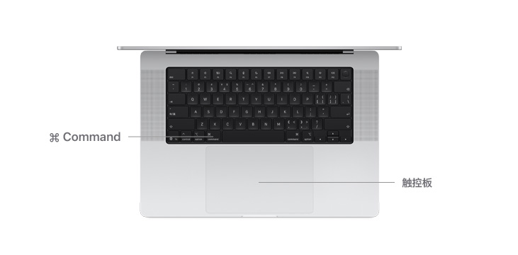 14 英寸 MacBook Pro 的俯视图，以横线标示出 Command 键和触控板的位置。