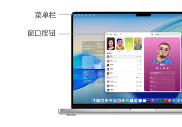 14 英寸 MacBook Pro 上的 macOS 系统界面一览，以横线标示出菜单栏和窗口按钮的位置。