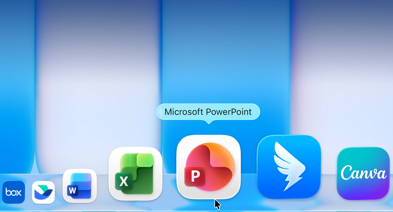 macOS 桌面，屏幕显示程序坞，包含多款常用 app，其中有一款 app 突出显示。