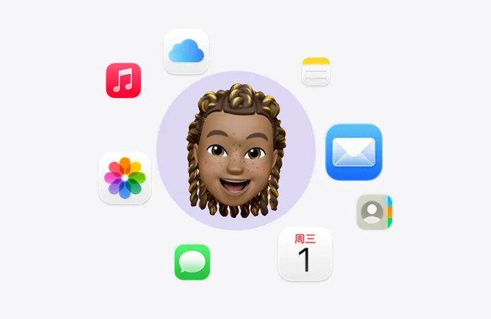 笑脸表情符号，外面围着一圈各种 app 的图标，包括音乐、iCloud 云盘、备忘录、邮件、通讯录、日历、信息和照片。