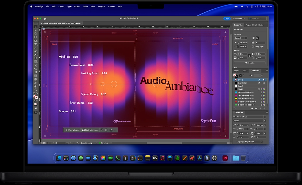 MacBook Pro 屏幕展示使用 Adobe InDesign 制作黑胶唱片封面。