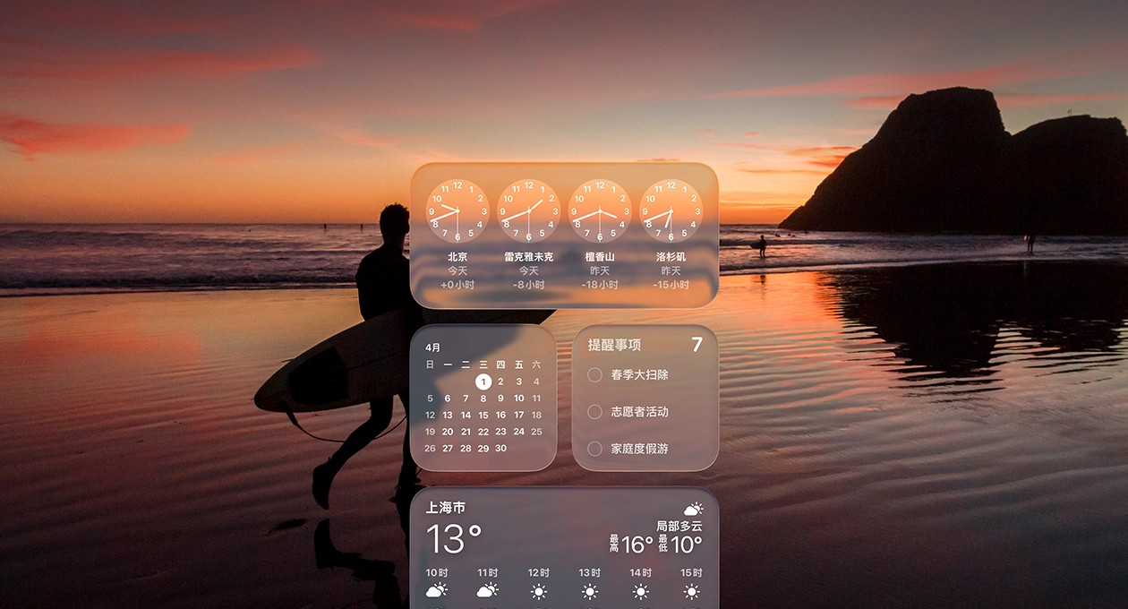 macOS Tahoe 屏幕展示 Liquid Glass 设计的时钟、日历、提醒事项和天气小组件，背景是一位冲浪者在夕阳下的海滩上漫步。