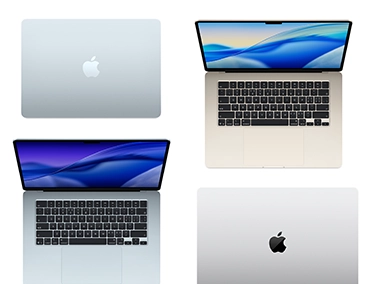 四台不同机型、尺寸和颜色的 Mac 电脑，展现丰富的定制选项。