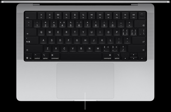 呈打开状态的 14 英寸 MacBook Pro 的俯视图，展示位于键盘下方的力度触控板。