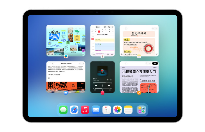 横屏放置的 iPad，屏幕展示六个打开的窗口，排列成两行，包括日历 app、备忘录 app、Apple Music 和 Safari 浏览器等。
