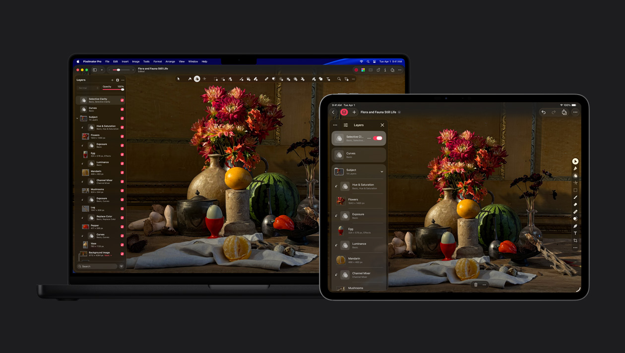 16 英寸 MacBook Pro 和 13 英寸 iPad Pro 屏幕均显示 Pixelmator Pro 中的一张花卉静态写生画，图层工具包位于屏幕左侧。