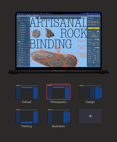 16 英寸 MacBook Pro 屏幕，展示名为“Artisanal Rock Binding”的图像以及色彩调整和白平衡工具。
