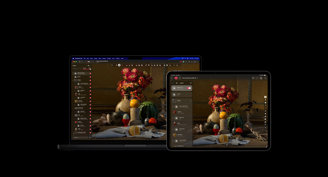 16 英寸 MacBook Pro 和 13 英寸 iPad Pro 屏幕均显示 Pixelmator Pro 中的一张花卉静态写生画，图层工具包位于屏幕左侧。