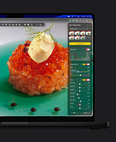16 英寸 MacBook Pro 屏幕，显示盘中三文鱼子酱的特写照片，以及色彩调整工具。