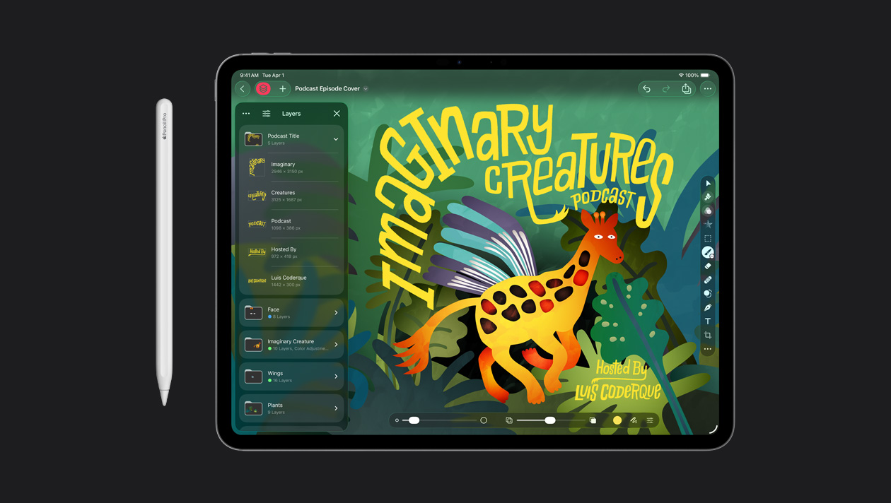 13 英寸 iPad Pro 屏幕显示关于播客节目“fantastical creatures”的插画，设备旁边有一支 Apple Pencil。
