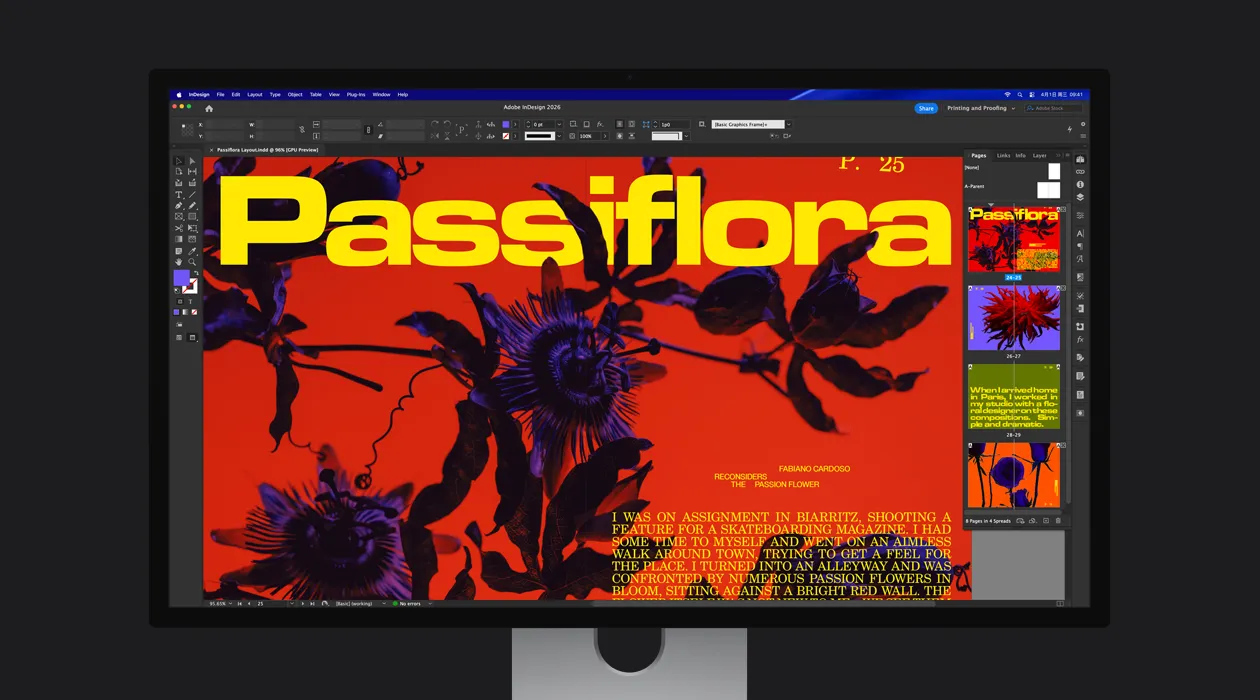 一份 Adobe InDesign 2026 文件中，绚丽的杂志插页展示 P3 + Adobe RGB 色彩空间。