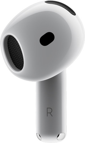 AirPods 4，展示单只 AirPods 的正面视图，并指向“入耳超贴合”的文字。