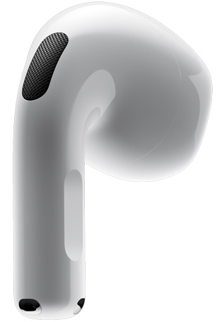 AirPods 4，展示 AirPods 4 的背面视图，并指向“耳机柄带力度感应器，功能再升级。”的文字。