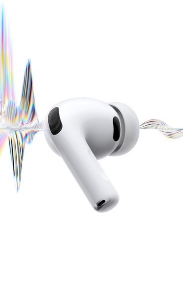 AirPods Pro 3，白色，展示降噪麦克风、硅胶耳塞和耳机短柄