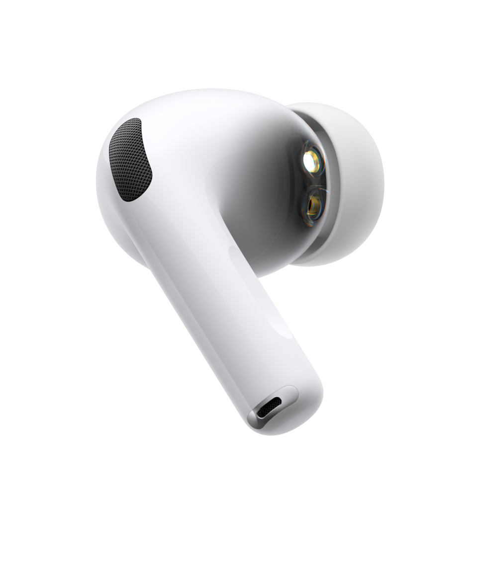 AirPods Pro 3, 无线耳机，白色，侧面外观，展示圆柱形耳机短柄、降噪麦克风、硅胶耳塞、光脉冲效果