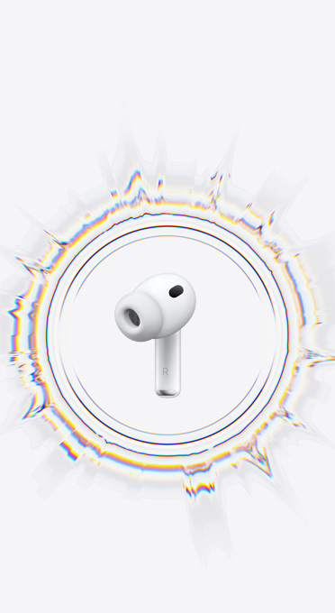 一只 AirPods Pro 3 耳机，以及圆形音浪涟漪