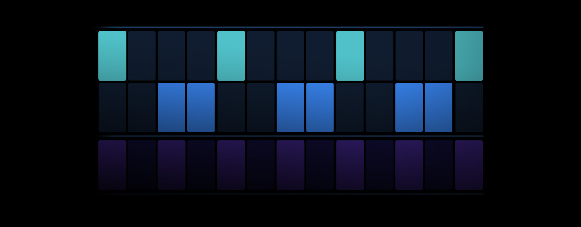 Logic Pro 画面，展示节拍排序界面，设有宝石绿色、海军蓝色和紫色按钮。