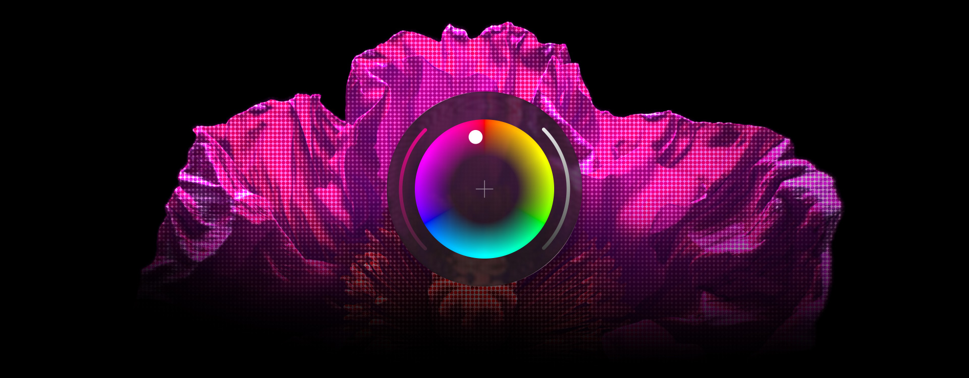 图片展示富有纹理的粉色物体，Pixelmator Pro 的颜色选择器工具位于中央。