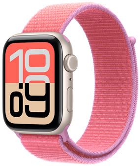 Apple Watch SE 3，展示星光色铝金属表壳、流转表盘、右侧外观、数码表冠、麦克风、侧边按钮，以及搭配的亮番石榴粉色回环式运动表带 (艳粉色系，饰有薰衣草紫色边缘)，表带配有回环式扣件。