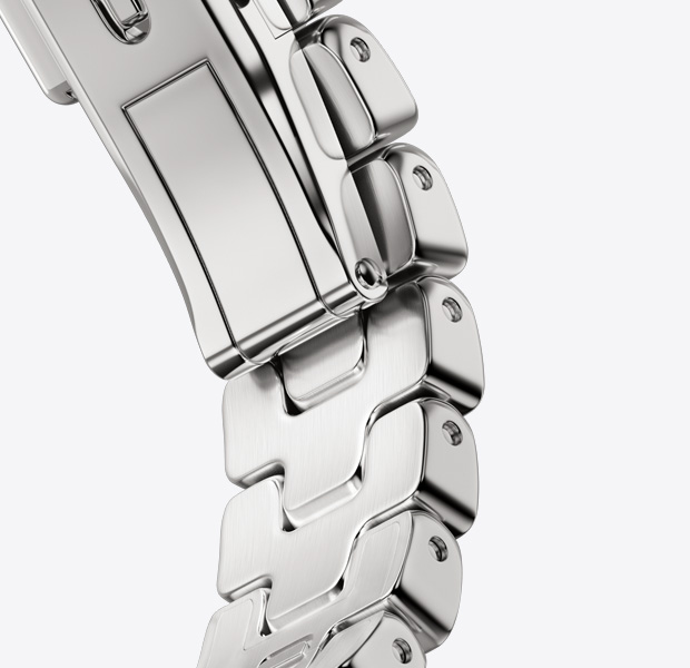 Satiné 缎灰色 Apple Watch Hermès Series 11 Grand H 表带，展示可快速脱卸的金属折叠扣