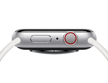 银色 Apple Watch，展示右侧外观、侧边按钮、麦克风小孔和数码表冠。
