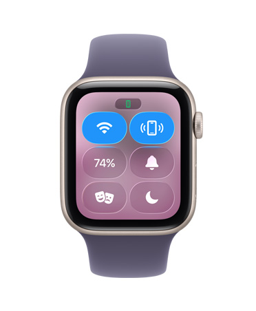 Apple Watch SE 3，展示星光色铝金属表壳、控制中心、呼叫 iPhone 图标，数码表冠位于右侧，搭配雾紫色运动型表带。